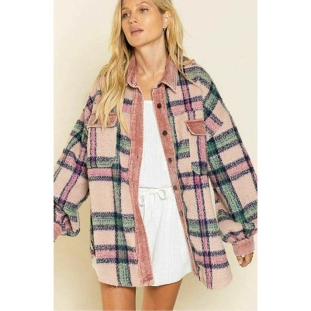 POL Pink Plaid Shacket Corduroy Elbow Patch Oversized Fit Sz Small STYLE SMJ199